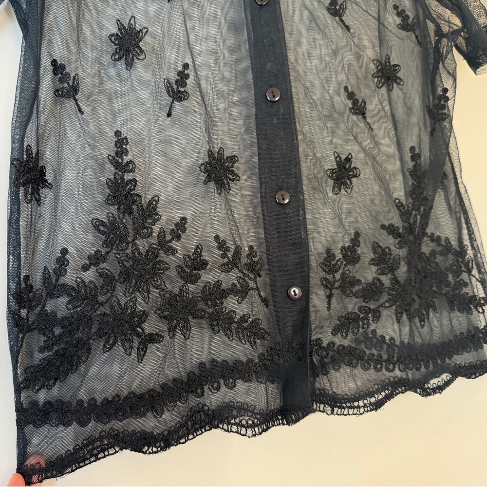Vintage Sheer Black Embroidered Button Up Shirt Small Y2K Whimsigoth Mesh Floral - Picture 4 of 7